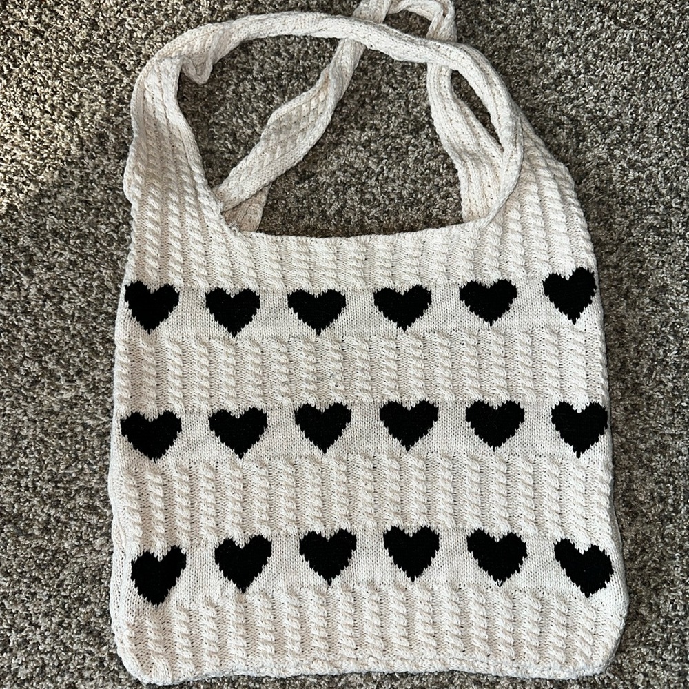 Hand Crafted Cream Tote with Black Heart Motif